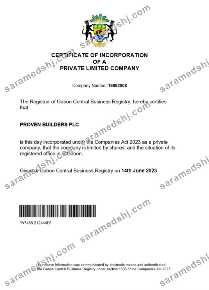 Gabon certificate of registration Word and PDF template